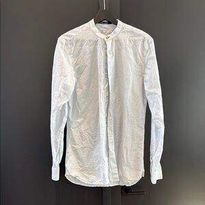 Men's Zara White/Blue Striped Cotton Linen Mandarin Collar Shirt